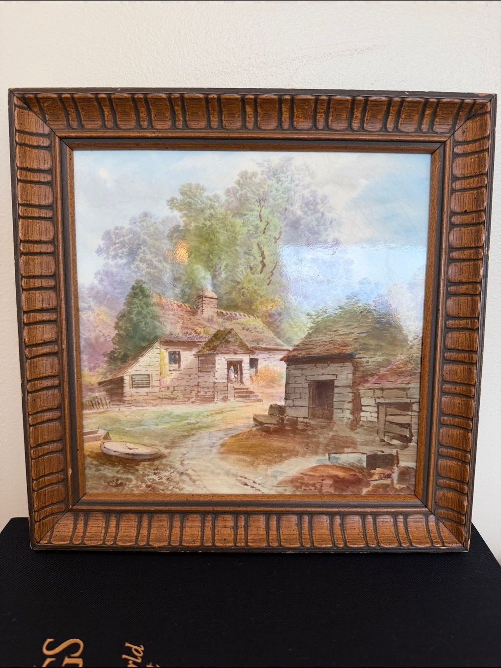 Antique 1880s Hand Painted Minton Arts and Crafts Country Cottage Framed Tile.